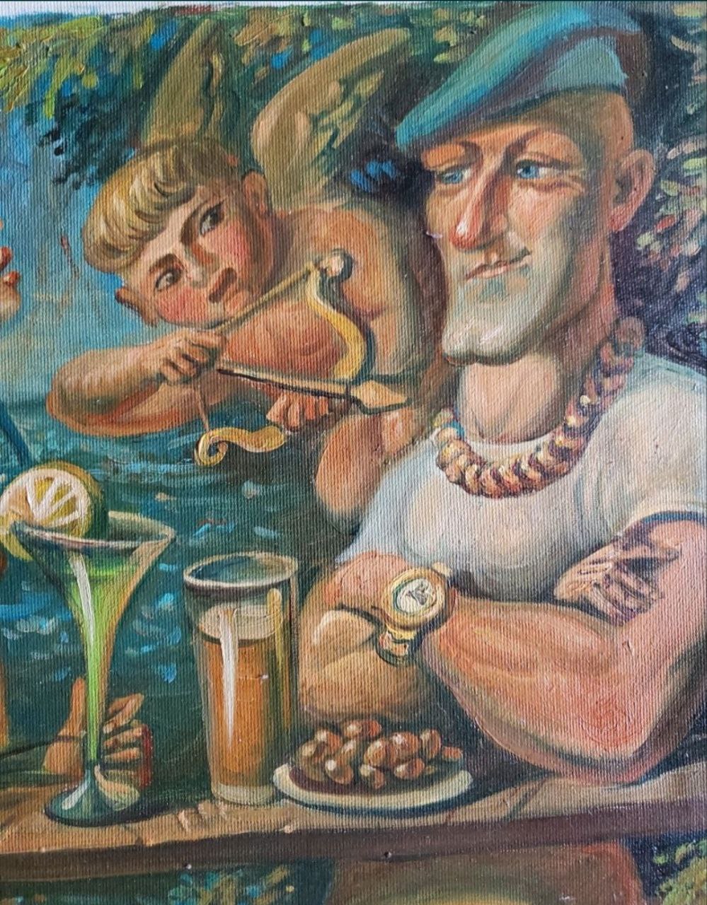 Oil painting by Date Litvinov Daniil Olegovich: man in beret with angel