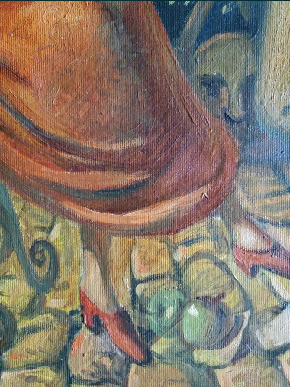 Oil painting of textured reddish-brown hat by Date Litvinov Daniil Olegovich