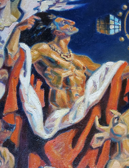 Oil painting Philosopher’s Stone by Litvinov Daniil Olegovich, muscular blue-masked figure in orange robe