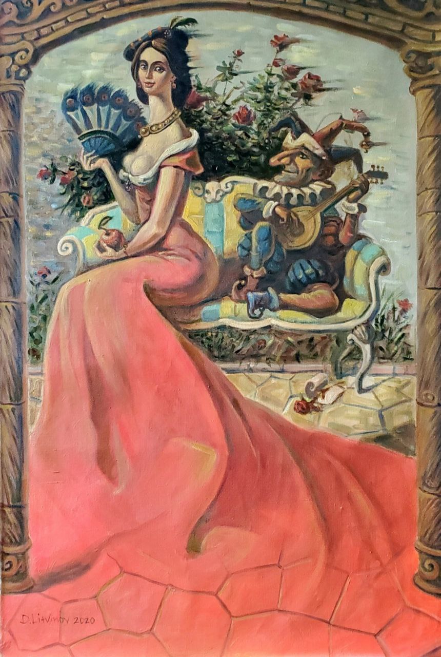 Oil painting by Daniil Olegovich Litvinov: woman in coral gown with fan