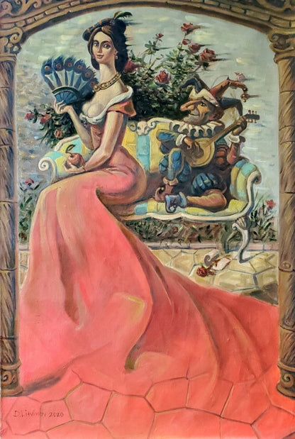 Oil painting by Daniil Olegovich Litvinov: woman in coral gown with fan