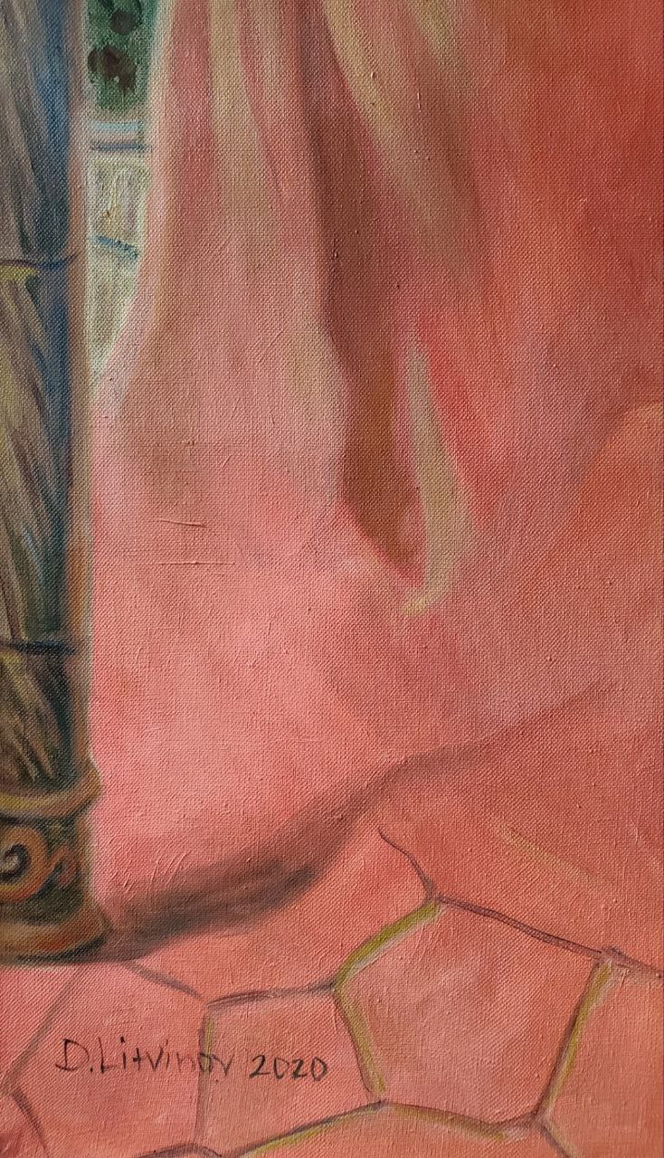 Oil painting by Stranger Litvinov Daniil Olegovich with pink fabric on ornate column