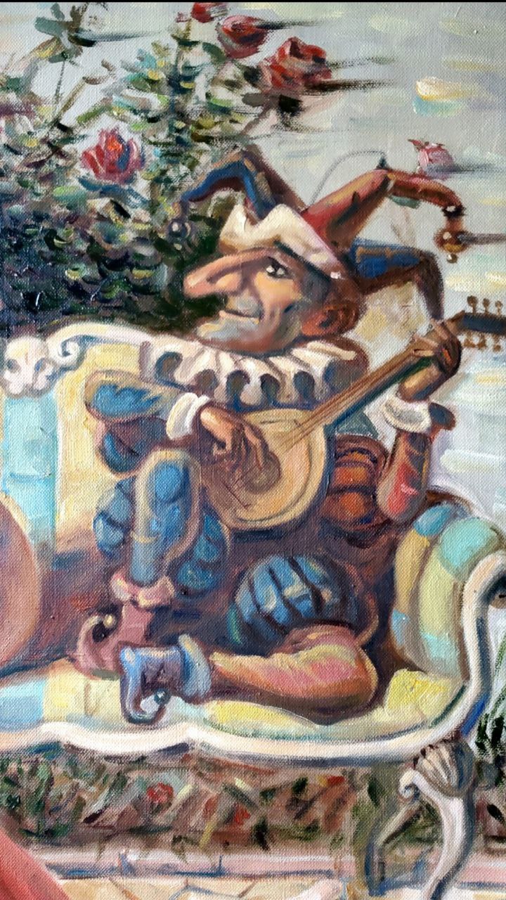 Oil painting of jester in blue red costume by Litvinov Daniil Olegovich