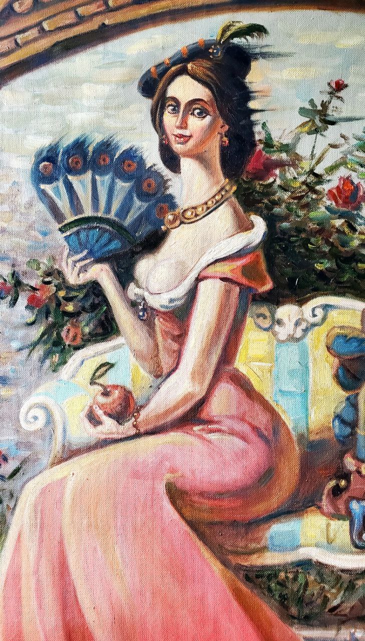 Oil painting by Stranger Litvinov Daniil Olegovich: woman in pink gown with peacock fan