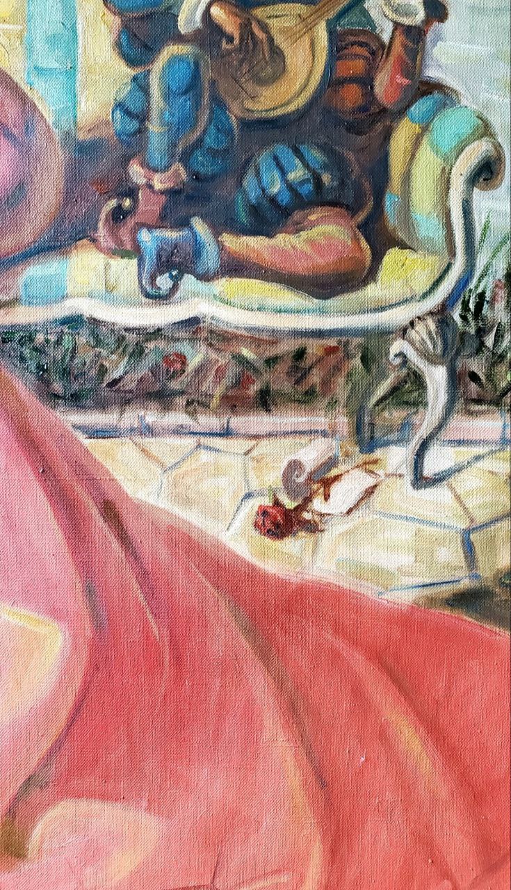 Oil painting by Litvinov Daniil Olegovich of figure on ornate bench