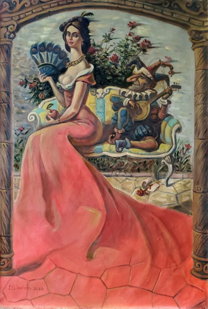 Oil painting by Litvinov Daniil Olegovich: woman in coral-red gown with fan