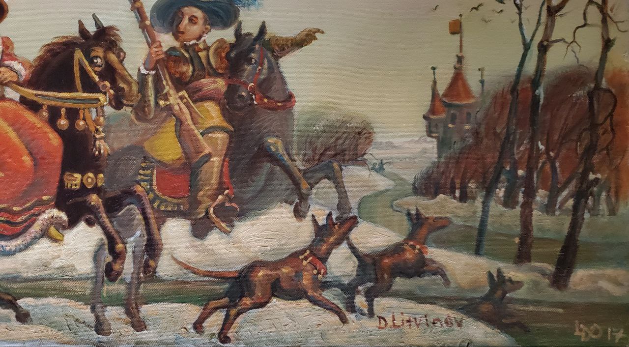 Vintage oil painting Departure for Hunting by Litvinov Daniil Olegovich