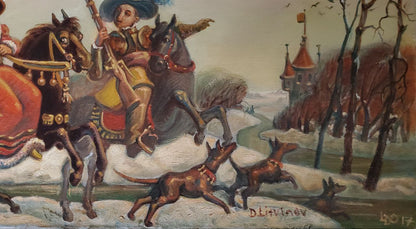 Vintage oil painting Departure for Hunting by Litvinov Daniil Olegovich