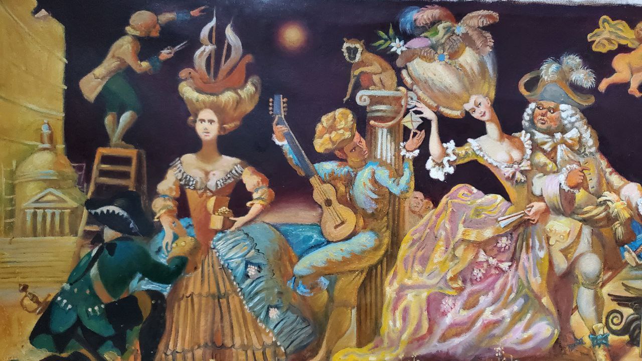 Oil painting by Daniil Litvinov: vibrant theatrical mural with ornate historical figures