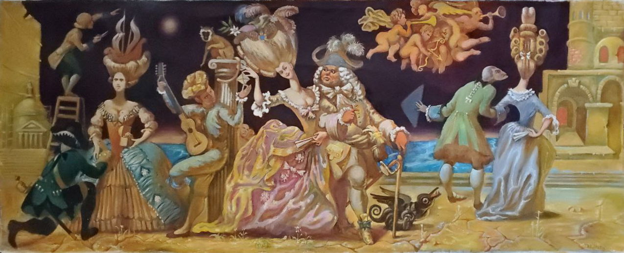 Vibrant surreal oil painting by Daniil Litvinov: ladies and gentlemen in ornate costumes