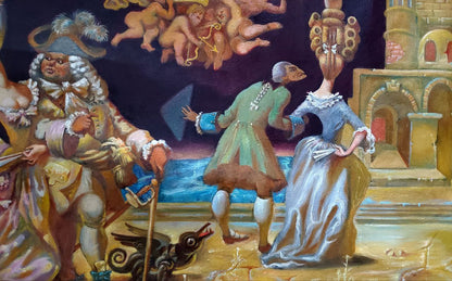 Oil painting by Daniil Litvinov: lady in blue gown with gentleman in green coat