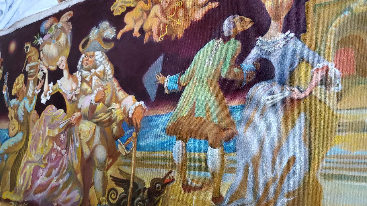 Oil painting of 18th-century court scene by Daniil Litvinov
