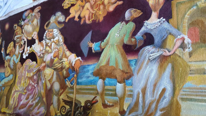 Oil painting of 18th-century court scene by Daniil Litvinov