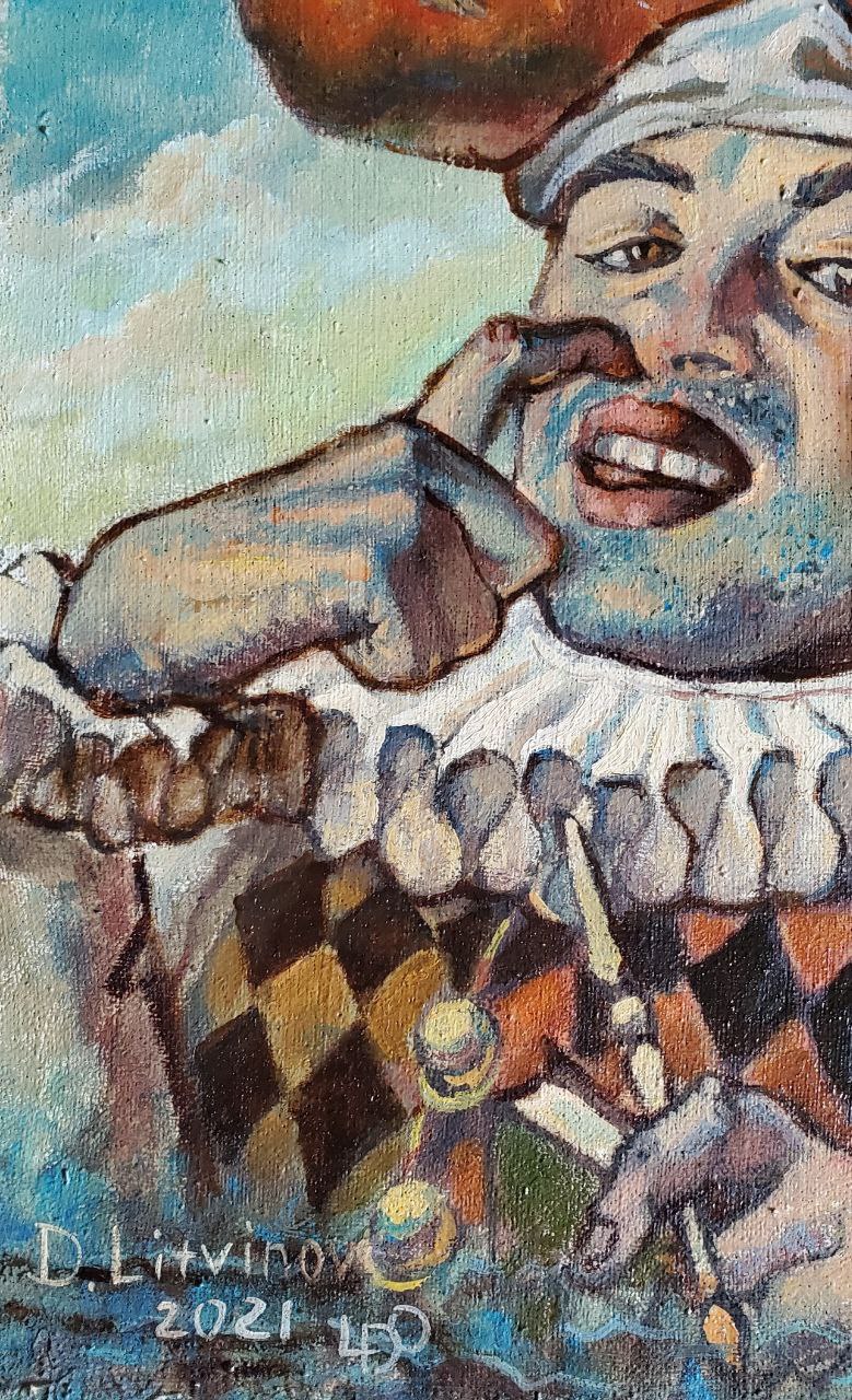 Vibrant oil painting portrait of smiling jester by Litvinov Daniil Olegovich