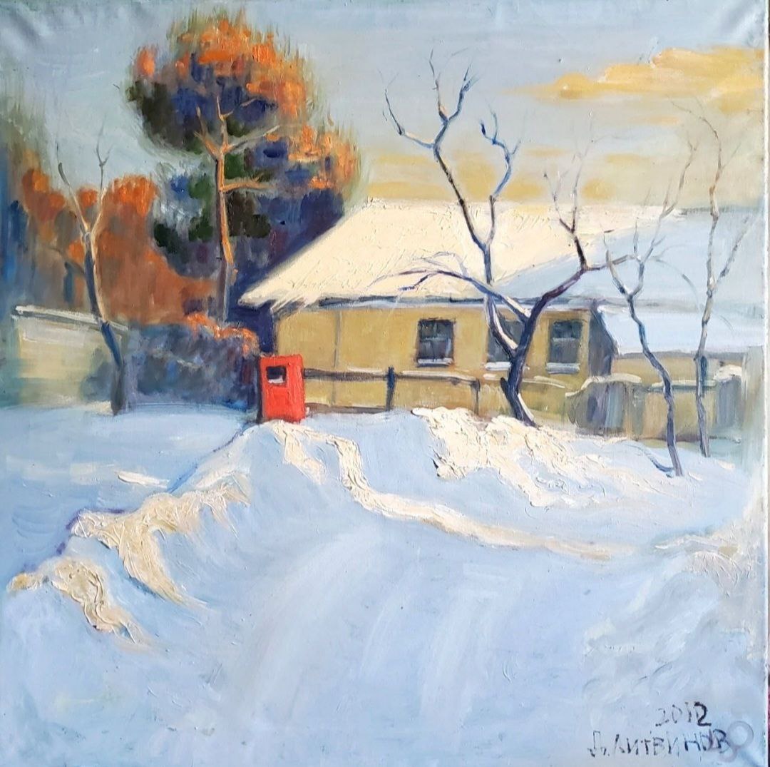 Oil painting of vibrant red mailbox in snowy village by Daniil Litvinov
