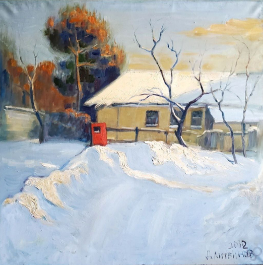 Oil painting of vibrant red mailbox by yellow house in snowy village by Daniil Litvinov