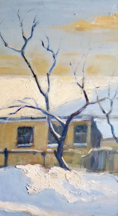 Oil painting Winter village portrait by Daniil Litvinov: bare tree over snow house