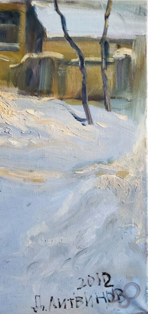 Oil painting of winter village portrait by Daniil Litvinov, snowy landscape