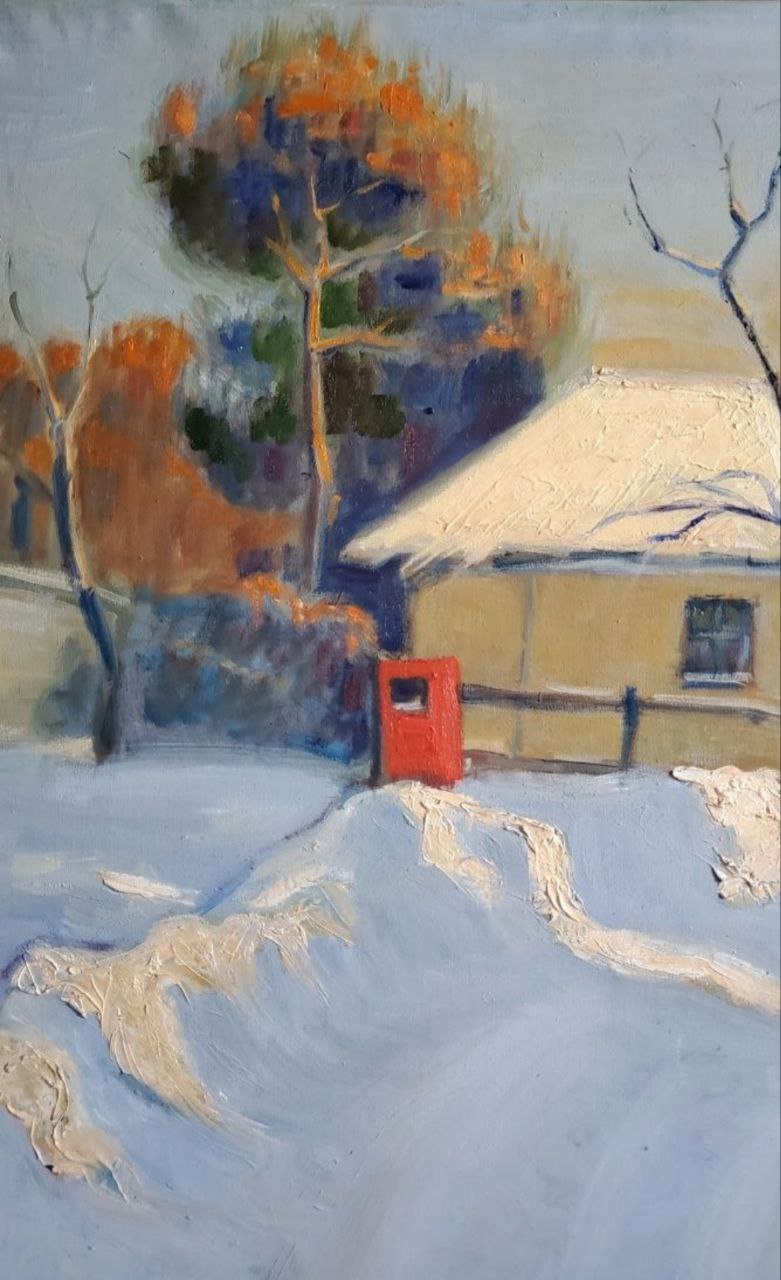 Oil painting of vibrant red mailbox in snowy winter village by Daniil Litvinov