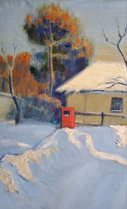 Oil painting of vibrant red mailbox in snowy winter village by Daniil Litvinov
