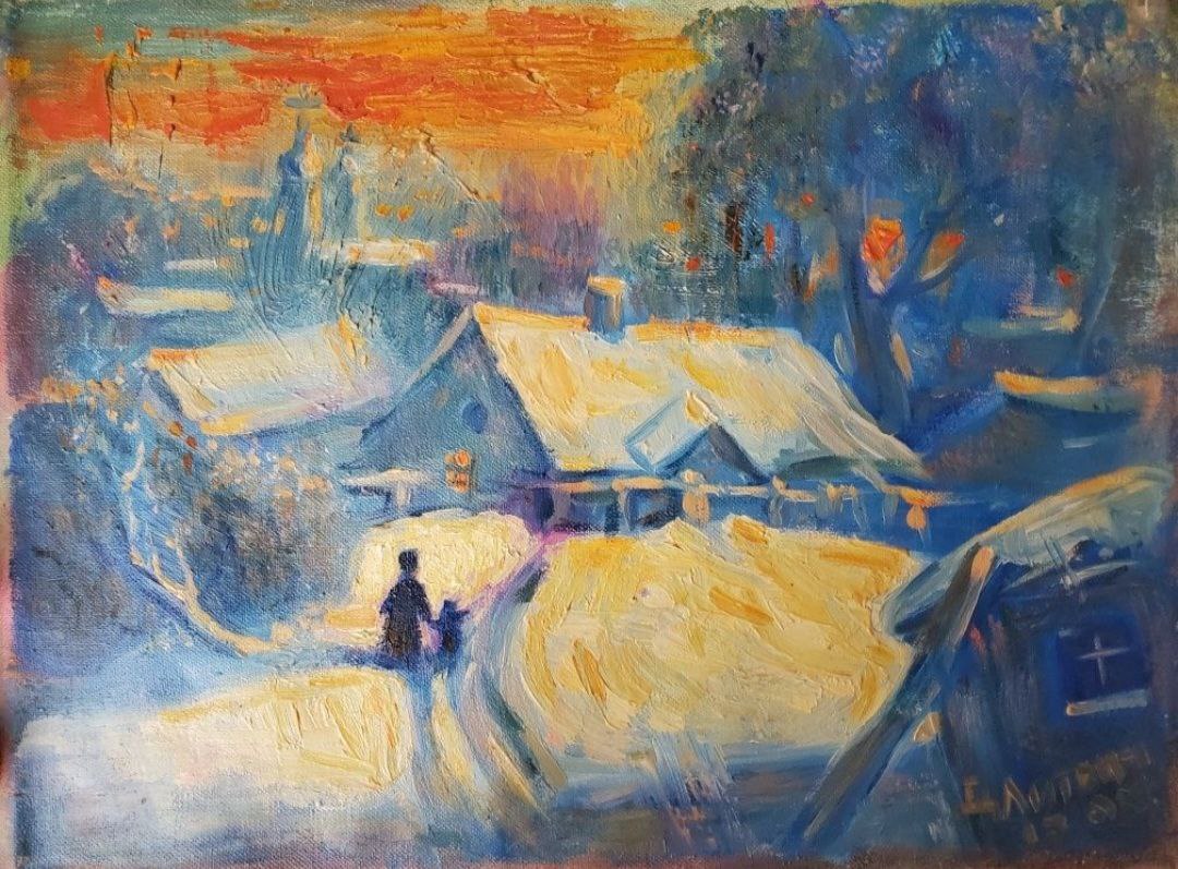 Vibrant impressionist oil painting of snowy village at dusk by Litvinov Daniil Olegovich