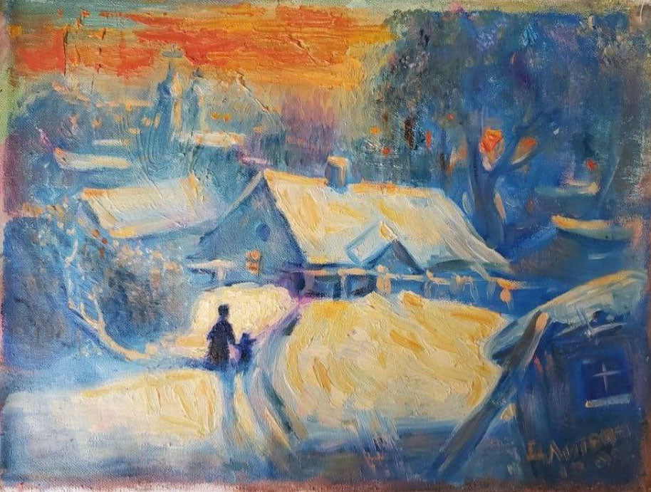 Oil painting Winter evening by Litvinov Daniil Olegovich, snowy village at dusk