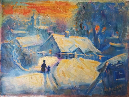 Oil painting Winter evening by Litvinov Daniil Olegovich, snowy village at dusk