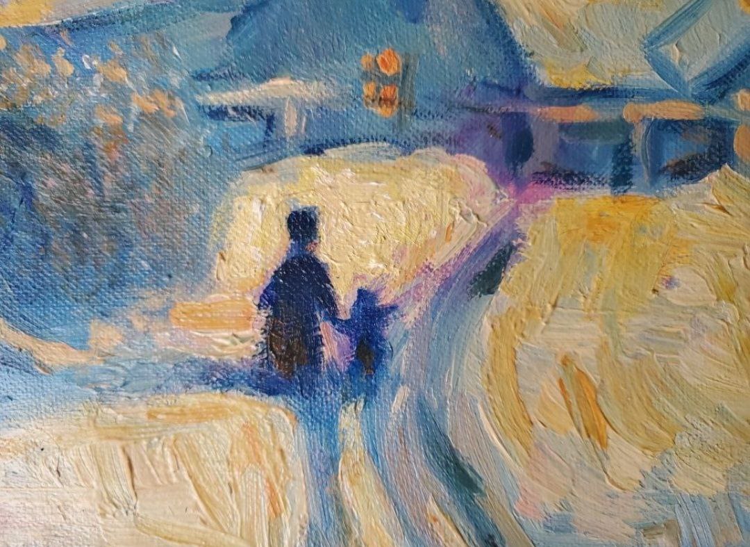 Oil painting Winter evening by Litvinov Daniil Olegovich, silhouettes on path