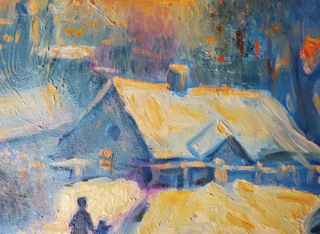 Textured impressionist oil painting of snowy village by Litvinov Daniil Olegovich