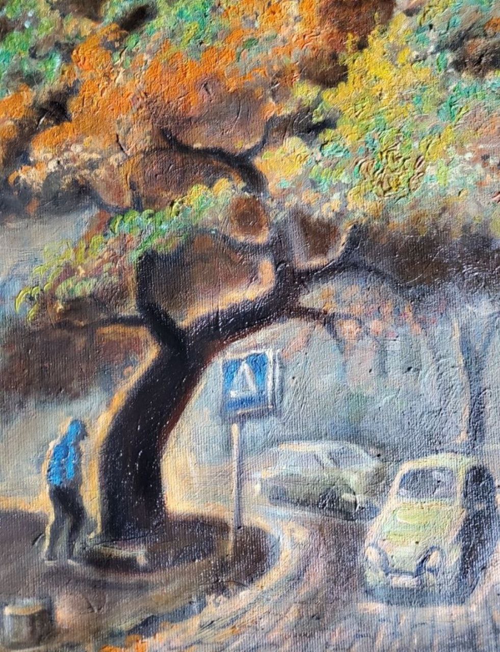 Oil painting Autumn in Odessa by Litvinov Daniil Olegovich, vibrant tree over vintage cars