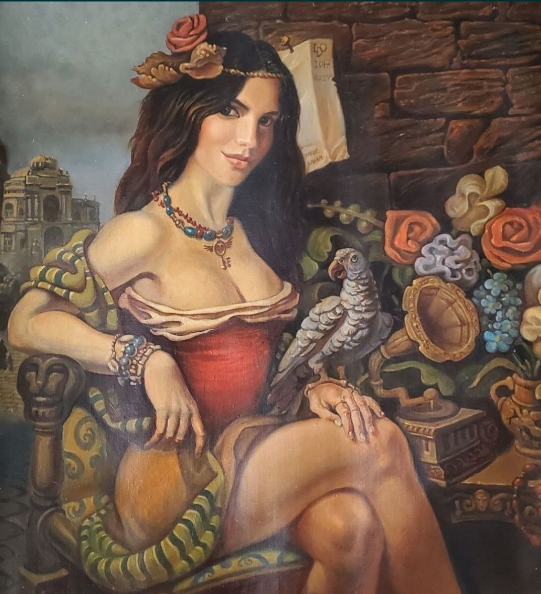 Oil painting portrait of Odessa woman in red corset by Litvinov Daniil Olegovich