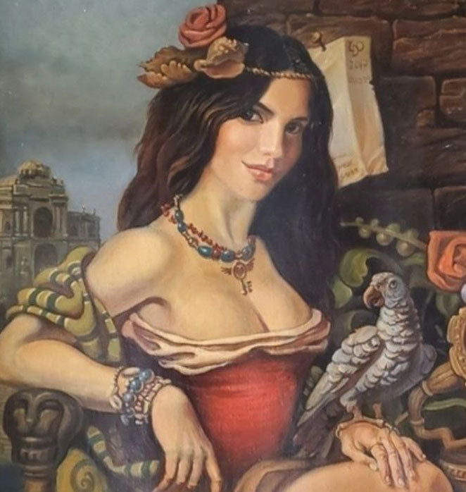 Oil painting portrait of Odessa woman in red dress by Litvinov Daniil Olegovich