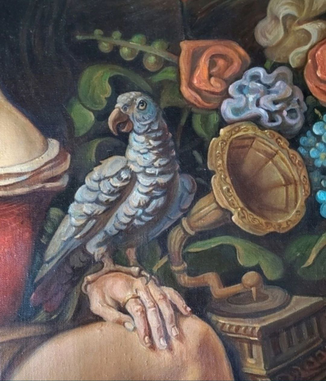 Oil painting of Odessa woman by Litvinov Daniil Olegovich with parrot on gramophone