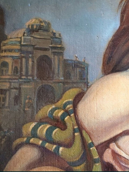 Oil painting portrait of Odessa woman with vibrant yellow teal striped snake on shoulder by Litvinov Daniil Olegovich
