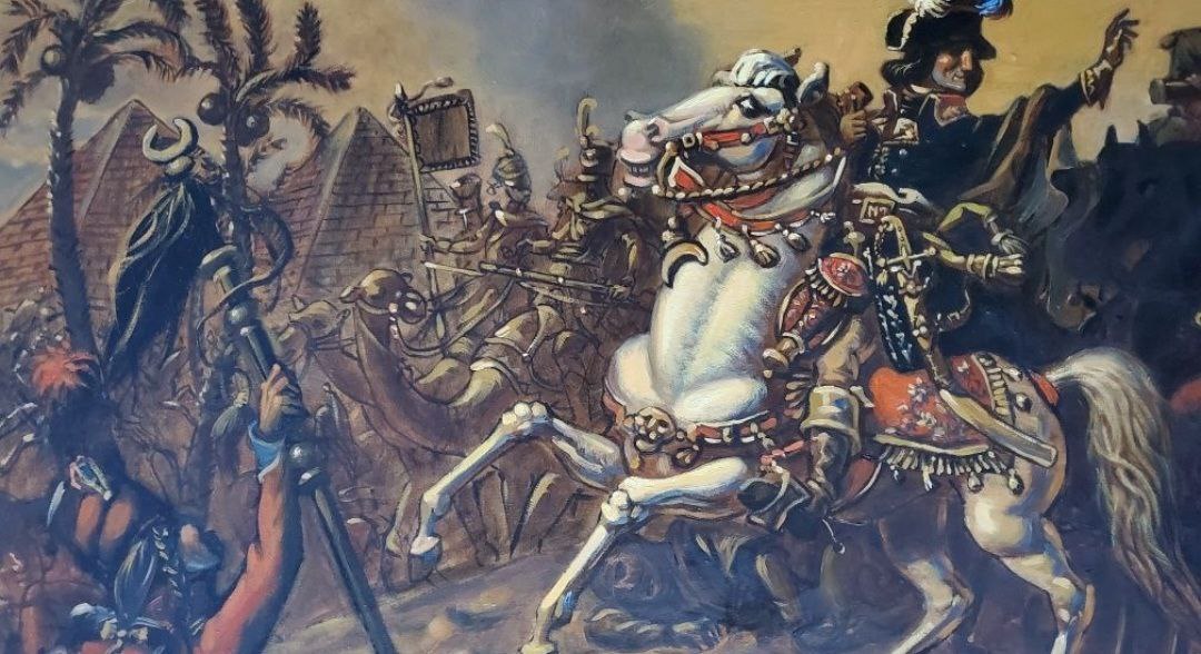 Oil painting of Napoleons Egyptian battle: white horse with red gold tack, armored soldier