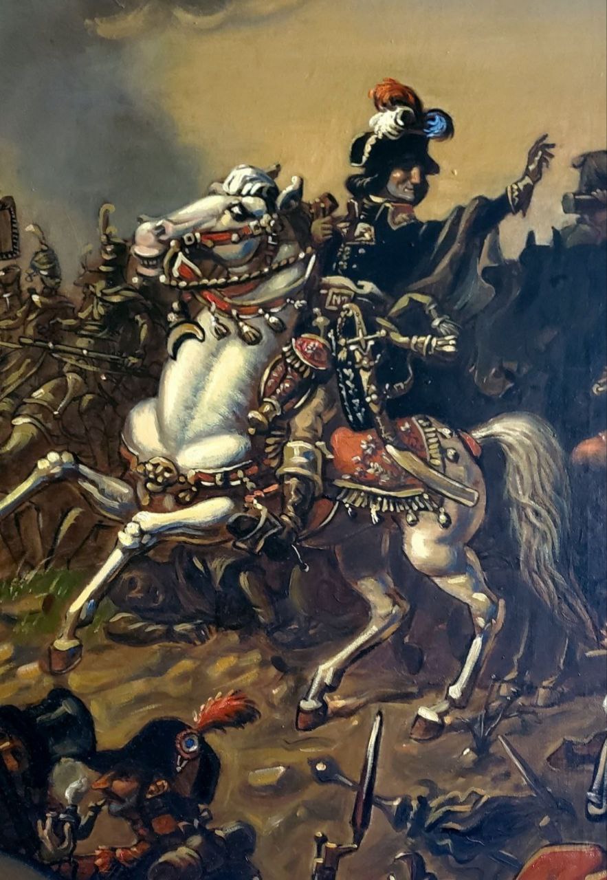 Oil painting of Napoleons soldier on white horse with red gold tack Egypt battles by Daniil Litvinov