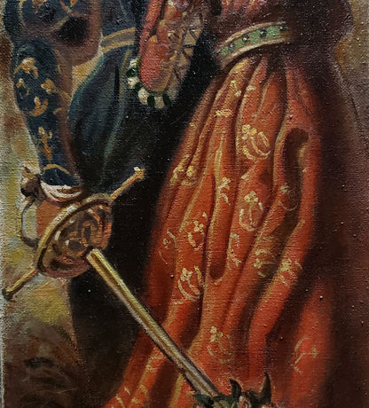 Oil painting of golden-hilted rapier on red velvet cloak by Litvinov Daniil Olegovich