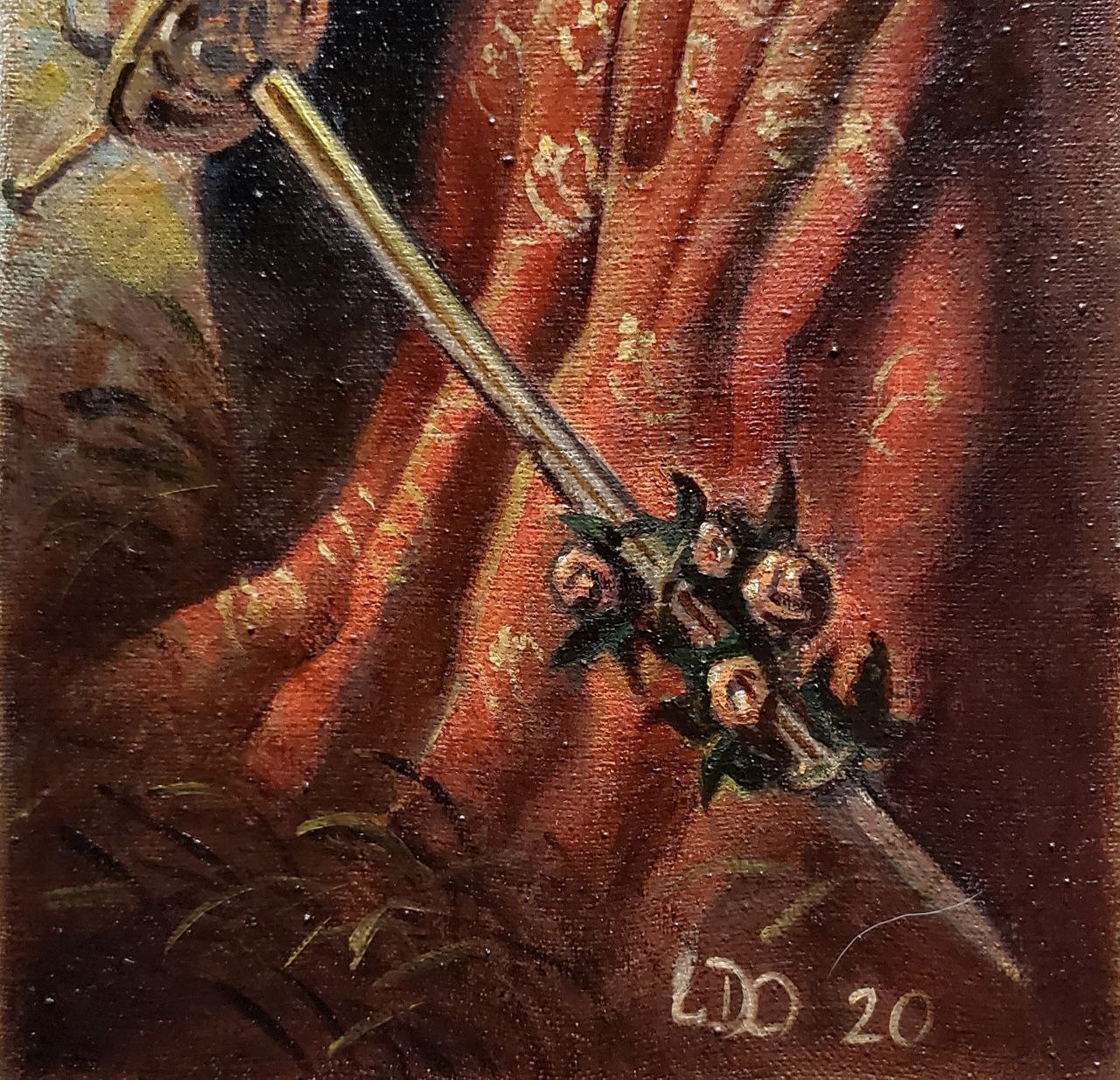 Oil painting of golden rose-hilt sword by Litvinov Daniil Olegovich on red curtain