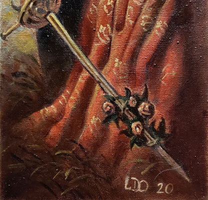 Oil painting of golden rose-hilt sword by Litvinov Daniil Olegovich on red curtain