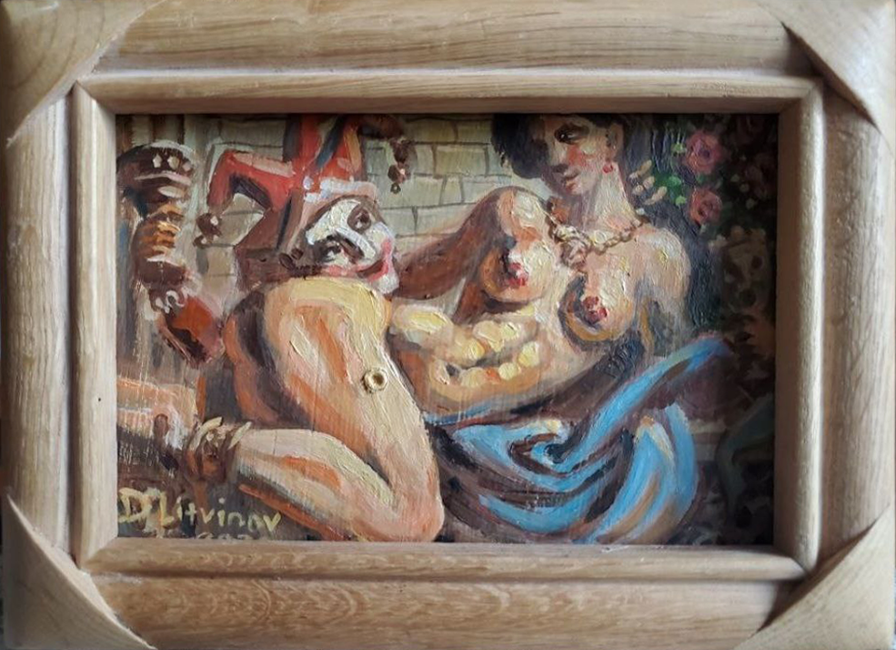 Oil painting After the Masquerade by Litvinov Daniil Olegovich, framed jester scene