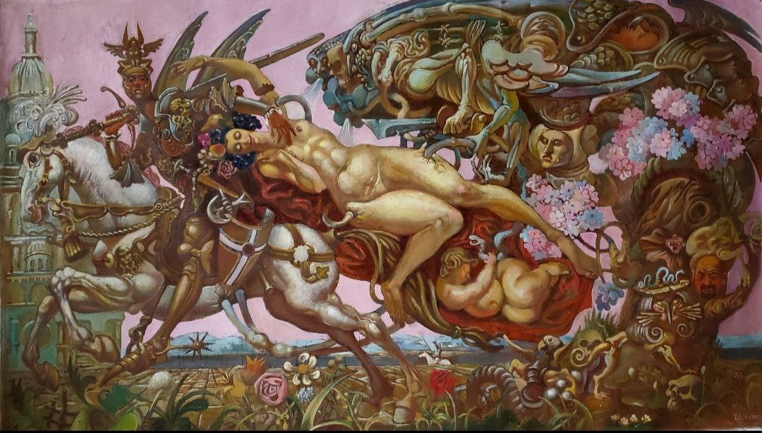 Surreal nude on red cushion with creatures by Litvinov Daniil Olegovich