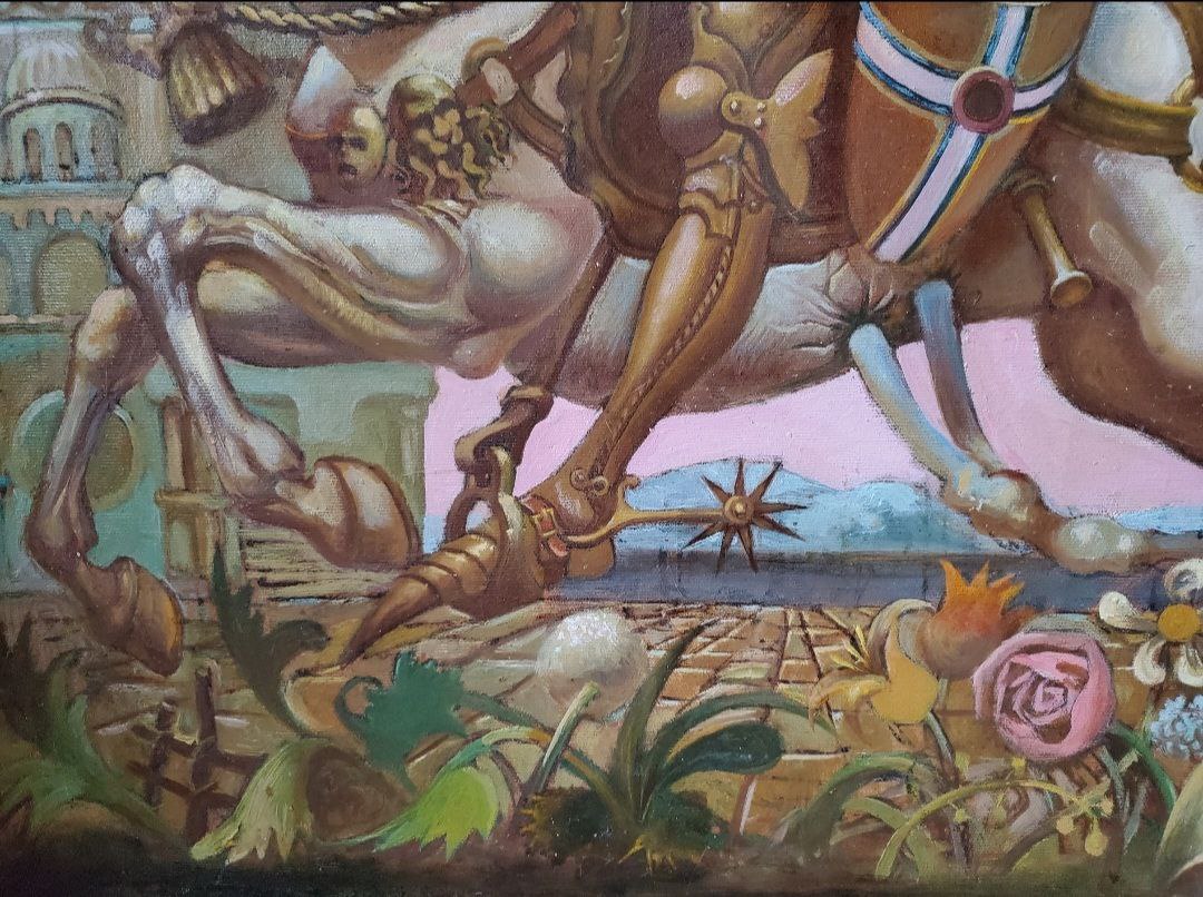 Oil painting by Litvinov Daniil Olegovich: bronze ornate mechanical horse amid flowers