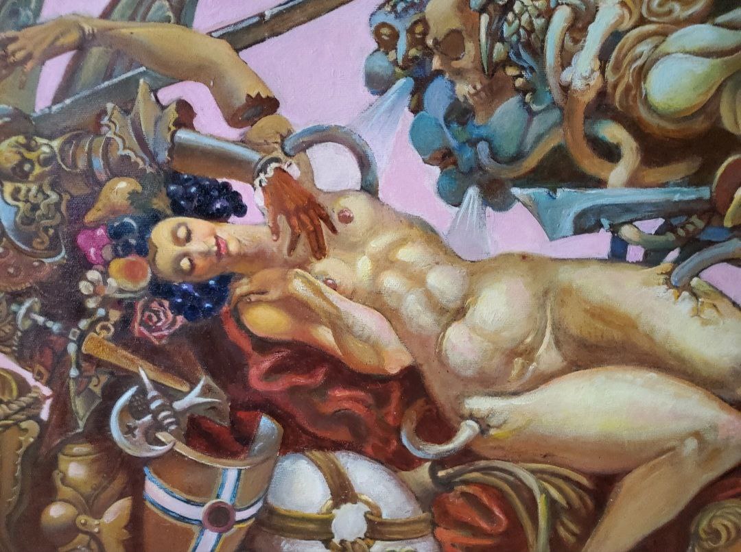 Oil painting by Litvinov Daniil Olegovich: nude muscular figure amid gears