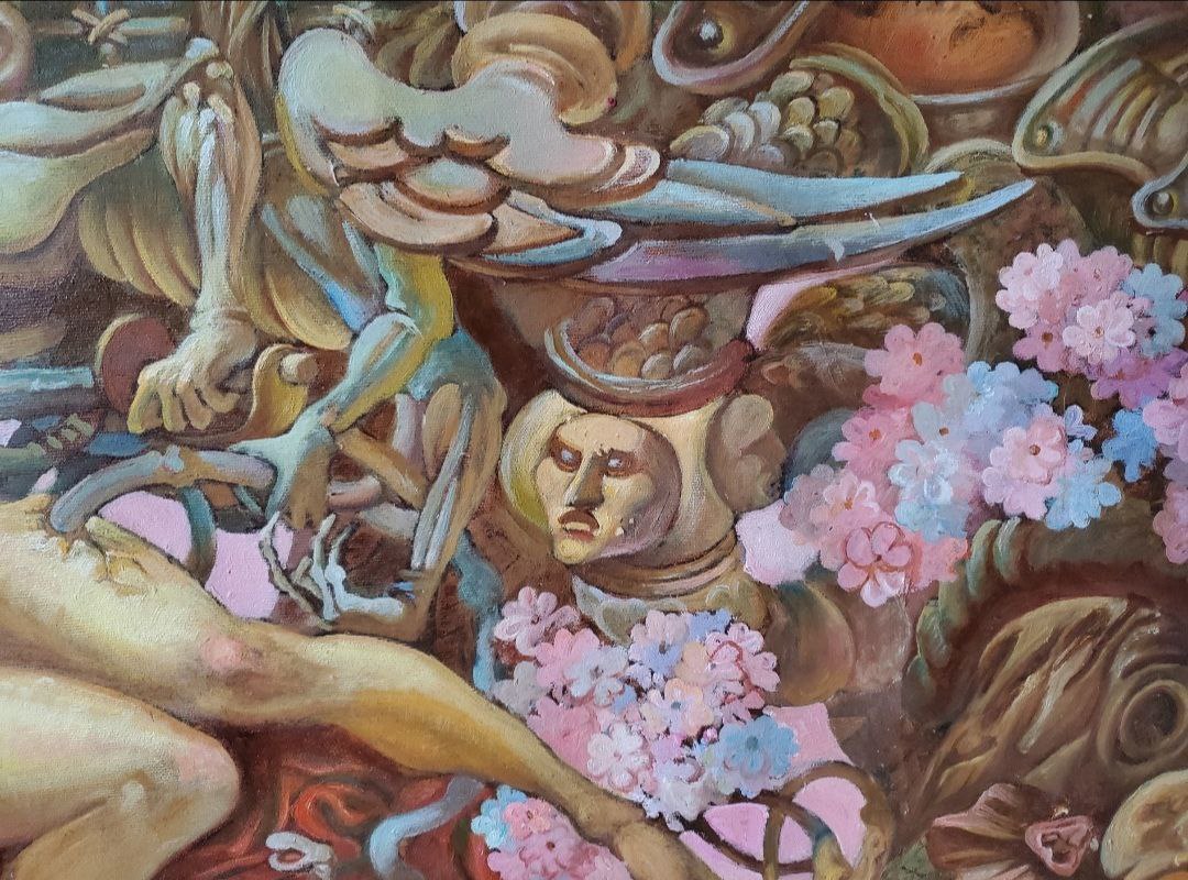 Surreal oil painting Dreams by Litvinov Daniil Olegovich, sorrowful face amid flowers
