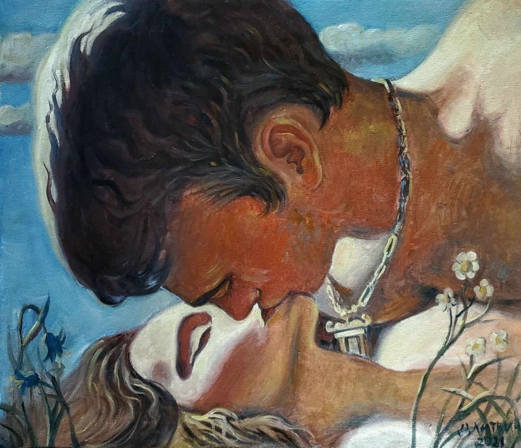 Silver chain necklace with ornate pendant on mans neck in Oil painting kiss by Litvinov Daniil Olegovich