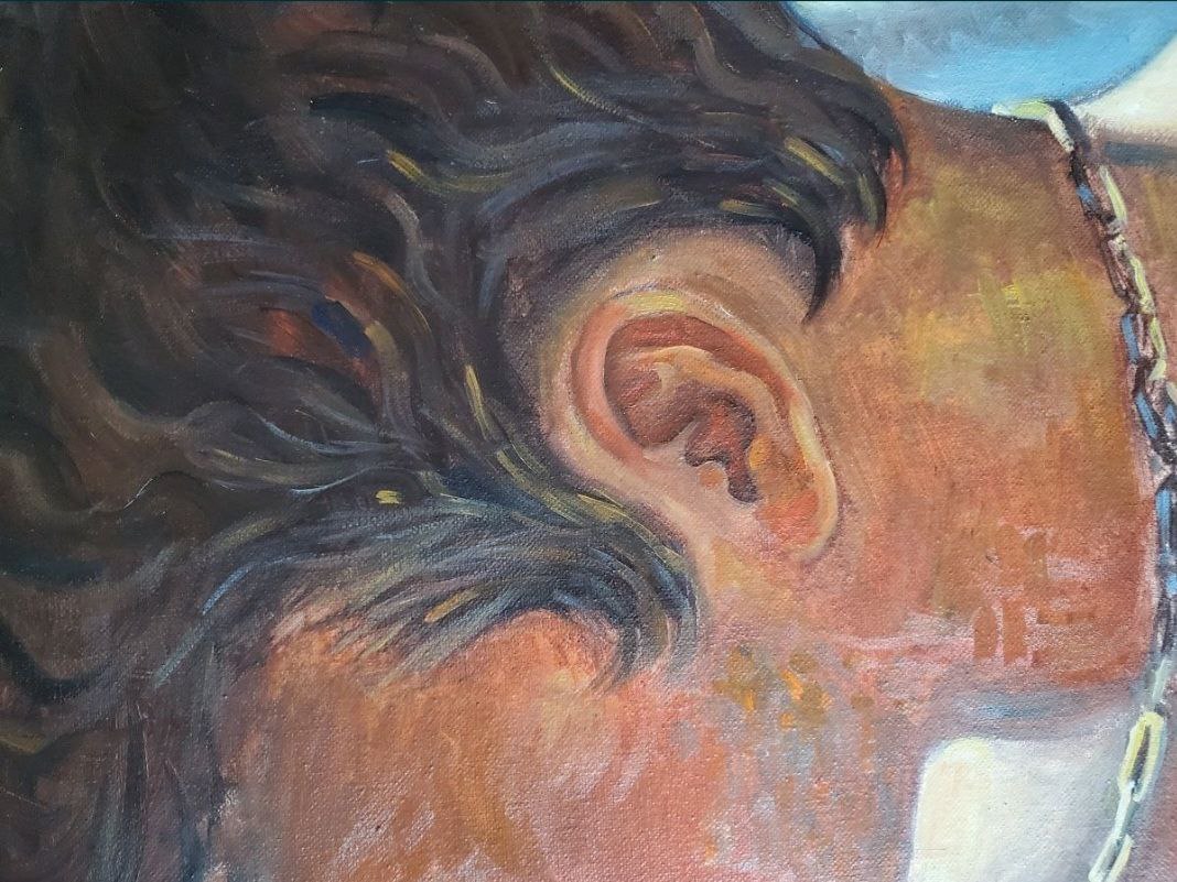 Close-up oil painting of ear and wavy hair by Litvinov Daniil Olegovich