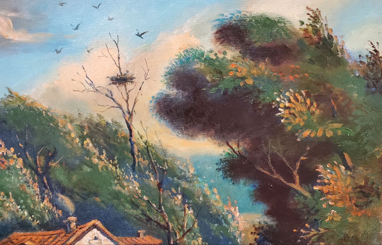 Oil painting Before the Storm by Litvinov Daniil Olegovich: birds nest on bare branch amid lush green autumn trees under blue sky
