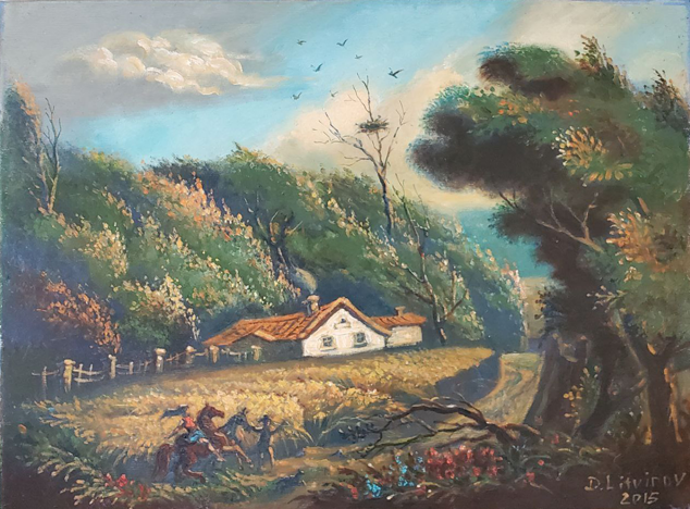Oil painting Before the Storm by Litvinov Daniil Olegovich: white cottage in lush hills