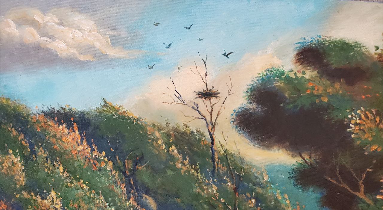 Oil painting Before the Storm by Litvinov Daniil Olegovich: bare tree nest in lush landscape