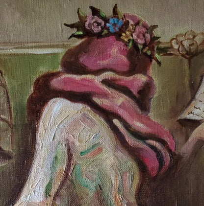 Oil painting by Litvinov Daniil Olegovich: figure in pink fabric, rose floral crown